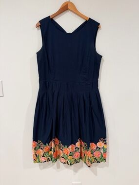Chadwicks Navy Sleeveless Fit-and-Flare Dress with Floral Hem